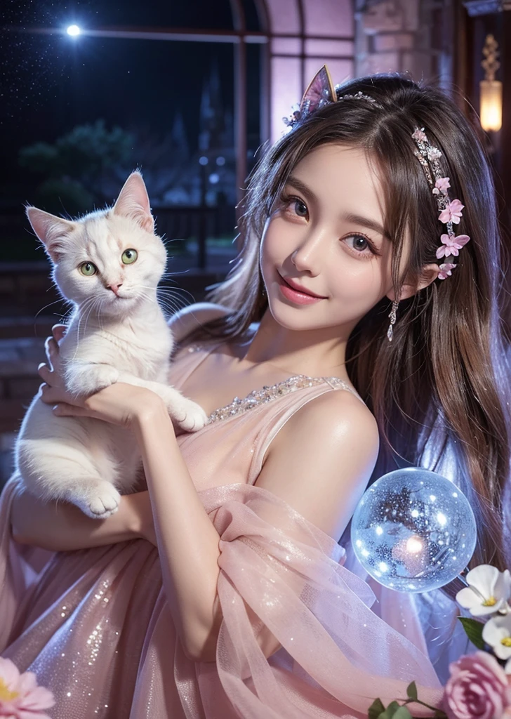 Diffuse lighting、 Highest quality, High resolution, unity 8k wallpaper、Supersaturation, Colorful, fairy tale, dream-like, Movie-like characters, oil, 3d, 8K resolution, Sequins, Sparkling, moonlight, Close-up portrait adorable,Too cute cat, Fine grain, Large, round, reflective eyes,Dreamland、pastel colour、pleasant to the touch、Facing forward、smile、full moon、Mysterious Flower、Beautiful cat、cute cat、猫のInside the castle、Inside the castle、Standing、turn around、whole body、