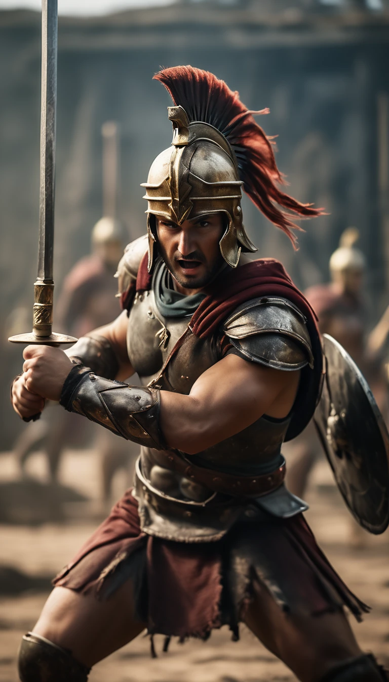 Illustrate a Spartan warrior in a moment of victory, raising his spear in triumph, battle atmosphere background, hyper realistic, ultra detailed hyper realistic, photorealistic, Studio Lighting, wearing a gold crown, reflections, dynamic pose, Cinematic, Color Grading, Photography, Shot on 50mm lens, Ultra-Wide Angle, Depth of Field, hyper-detailed, beautifully color, 8k