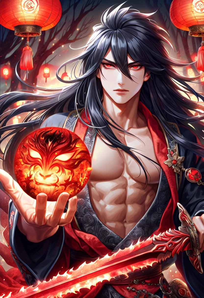 absurdres, highres, ultra detailed, HDR, master piece, best quality, extremely detailed face, delicated features, Xue Yu, untamed spiky hair, black hair, long hair, hair between the eyes, expressive red eyes, Thousand Years War, solo, sexy man, holding a sword in his right hand, handsome, toned chest, black haori, red fantasy robes, moon, red blood, fantasy, magic, envy magical, forest, red dust, red lanterns, red fire, red floating round lights