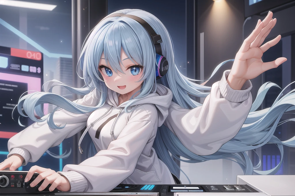 One girl, alone, 20-year-old, Light blue eyes, Blue Hair, Long, beautiful wavy hair, nice smile, White hoodie, Buildings, headphone, Detailed DJ equipment, djing, masterpiece, Fine Fingers, 最high quality:1.4, high quality, detailed