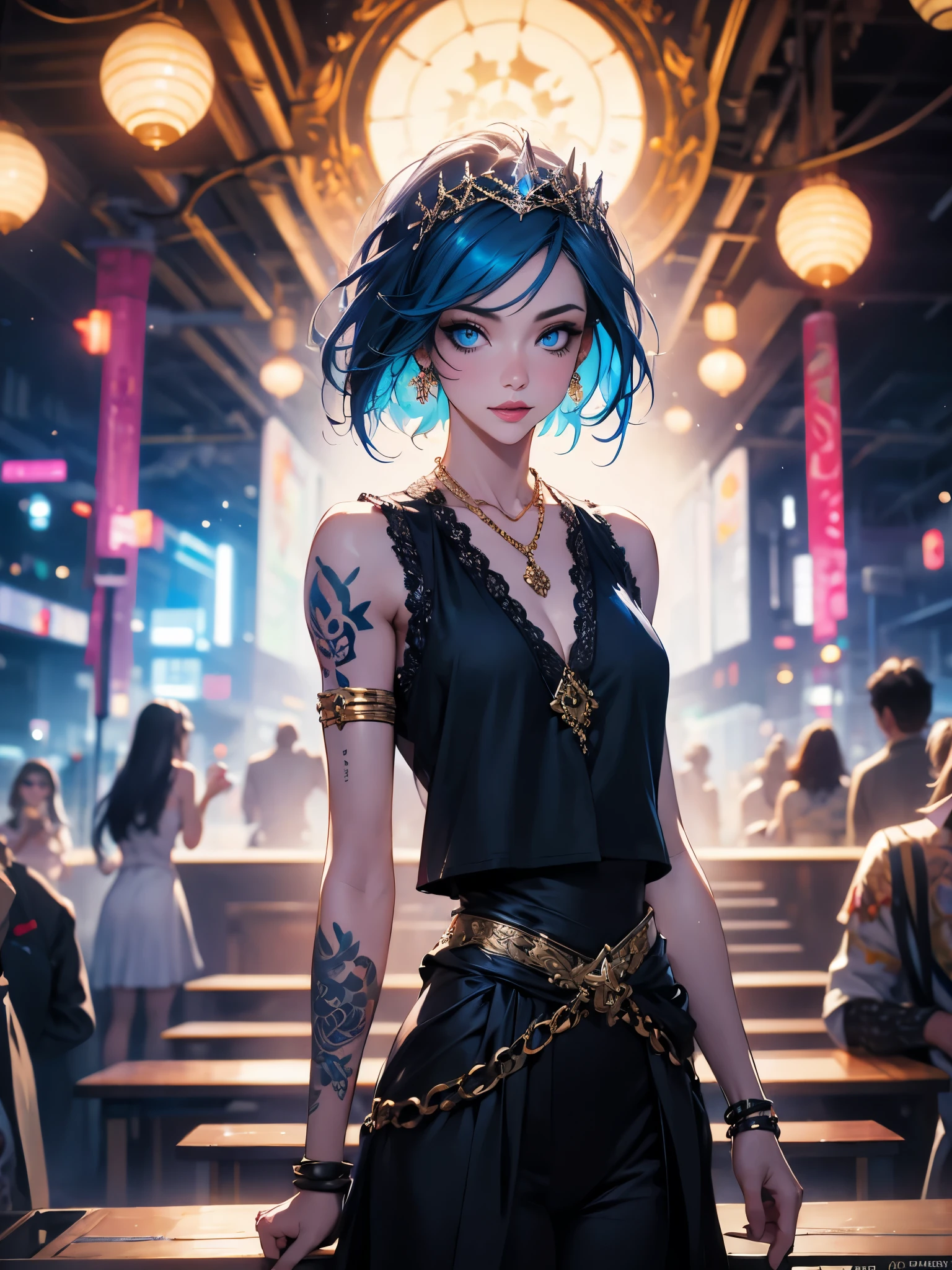 work of art, best qualityer, high qualiy, very detailled CG uniform 8k wallpaper, 1 girl, standing alone, hair blue, tatoo, shorth hair, ha, jewerly, ssmile, necklase, Looking at the audience, ha, realisitic, gaping mouth, teeths, trunk, vest, nase, bared shoulders, artist name, black tiara, clavicle, arm tatoo, blue colored eyes, lips, blur, oil painting, rewarded photography, bokeh, Depth of field, hdr, blossom, Chromatic aberration, 真实感, very detailled, Intricate art station, high détail, dramatic, mid-journey art