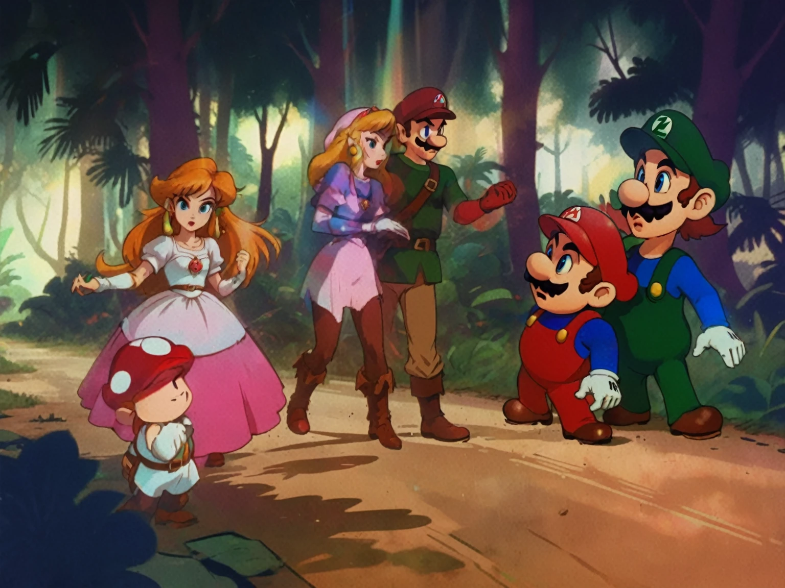 1990's animated tv show screengrab, Legend of Zelda crossover Mario Bros. , VHS, glitch, distorted, nostalgia, 90's retro vibes, analog tape, vcr aesthetics, tv, television, comic 1990's, animated tv show screengrab, Zelda and Super Mario cast dancing stanky boogie, cinematic poster, image within image, multiple exposure, massive scale, rich color grading for shading depth, hand drawn rotoscope cartoon realism, chiaroscuro lighting, mixed media, vintage comic, retro original design, 1990's comic, sense of movement energy, taking flight, tropical rot, rewilding, (full roygbiv color) ink charcoal expressive illustration, Zelda and Mario aesthetics