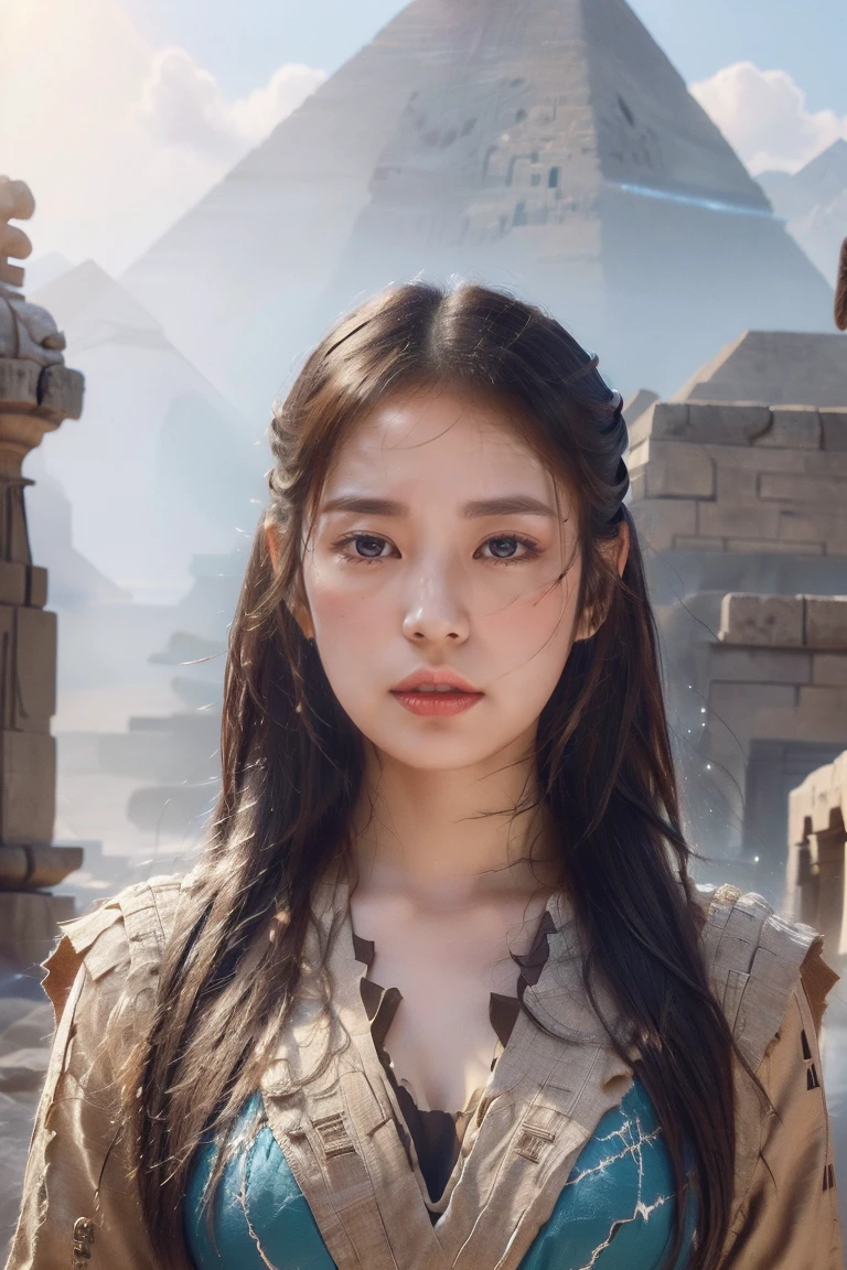 ((Highest quality、8K、masterpiece:1.3))、Photorealistic, Sharp focus, high resolution, High resolution, Portraiture, One person, woman, beautiful woman, sexy、古代エジプトを歩くエジプトのwoman戦士、Complex technology, Pyramids and ancient Egyptian cities far away、cyber-、Light and shadow、Cyan Light、