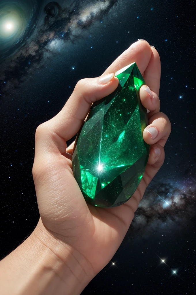 A big hand in the universe with an Emerald in the palm of its hand