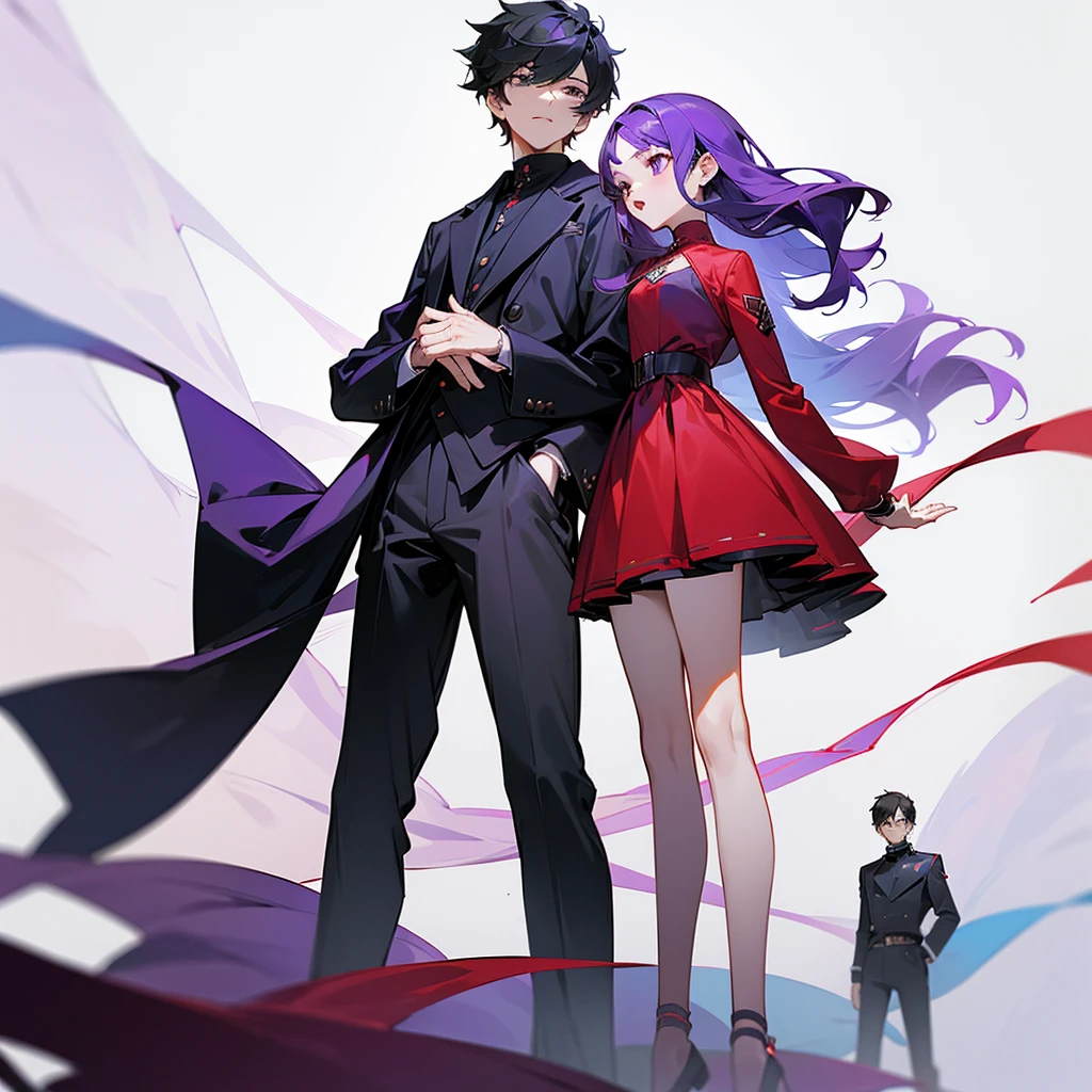 A teenagers friend group comformed by 2 boy and 2 girls, one of the boys is tall and wears long dark red clothes, the another boy wears short grey clothes, one of the girls is short and wears long black clothes, the another girl wears short purple clothes, white background, the teenagers are posing funny