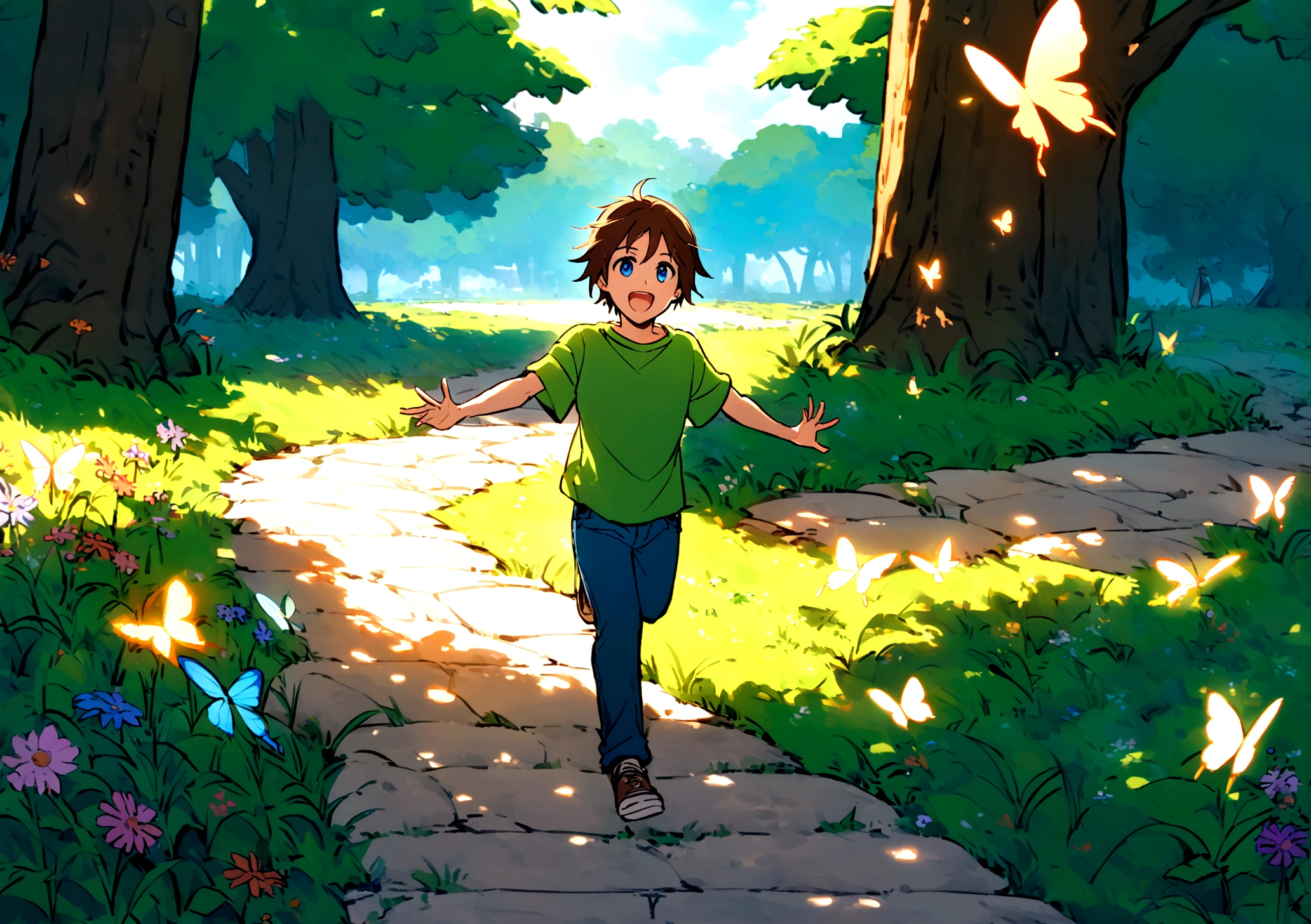 Jack is an -year-boy w tousled brown hair and bright blue eyes. He wears worn-out blue jeans, a bright green t-shirt and sturdy brown sneakers. Jack is running through a field, his arms outstretched towards a colorful butterfly fluttering just ahead of him. His face is lit up with excitement and joy as he tries to catch the elusive insect. The field is filled with tall grass and wildflowers, swaying gently in the breeze. Sunlight filters through the leaves of nearby trees, casting warm dappled patterns on the ground. In the distance, a quaint village can be seen with its charming houses and winding paths. Jack's playful and energetic spirit is captured in this moment of youthful adventure and exploration.