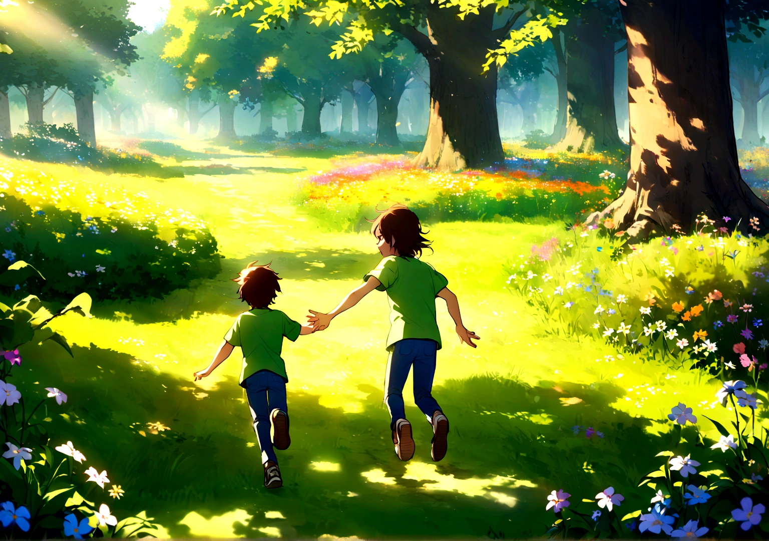 Jack is an eight-year-old boy with tousled brown hair and bright blue eyes. He wears worn-out blue jeans, a bright green t-shirt and sturdy brown sneakers. Jack is running through a field, his arms outstretched towards a colorful butterfly fluttering just ahead of him. His face is lit up with excitement and joy as he tries to catch the elusive insect. The field is filled with tall grass and wildflowers, swaying gently in the breeze. Sunlight filters through the leaves of nearby trees, casting warm dappled patterns on the ground. In the distance, a quaint village can be seen with its charming houses and winding paths. Jack's playful and energetic spirit is captured in this moment of youthful adventure and exploration.