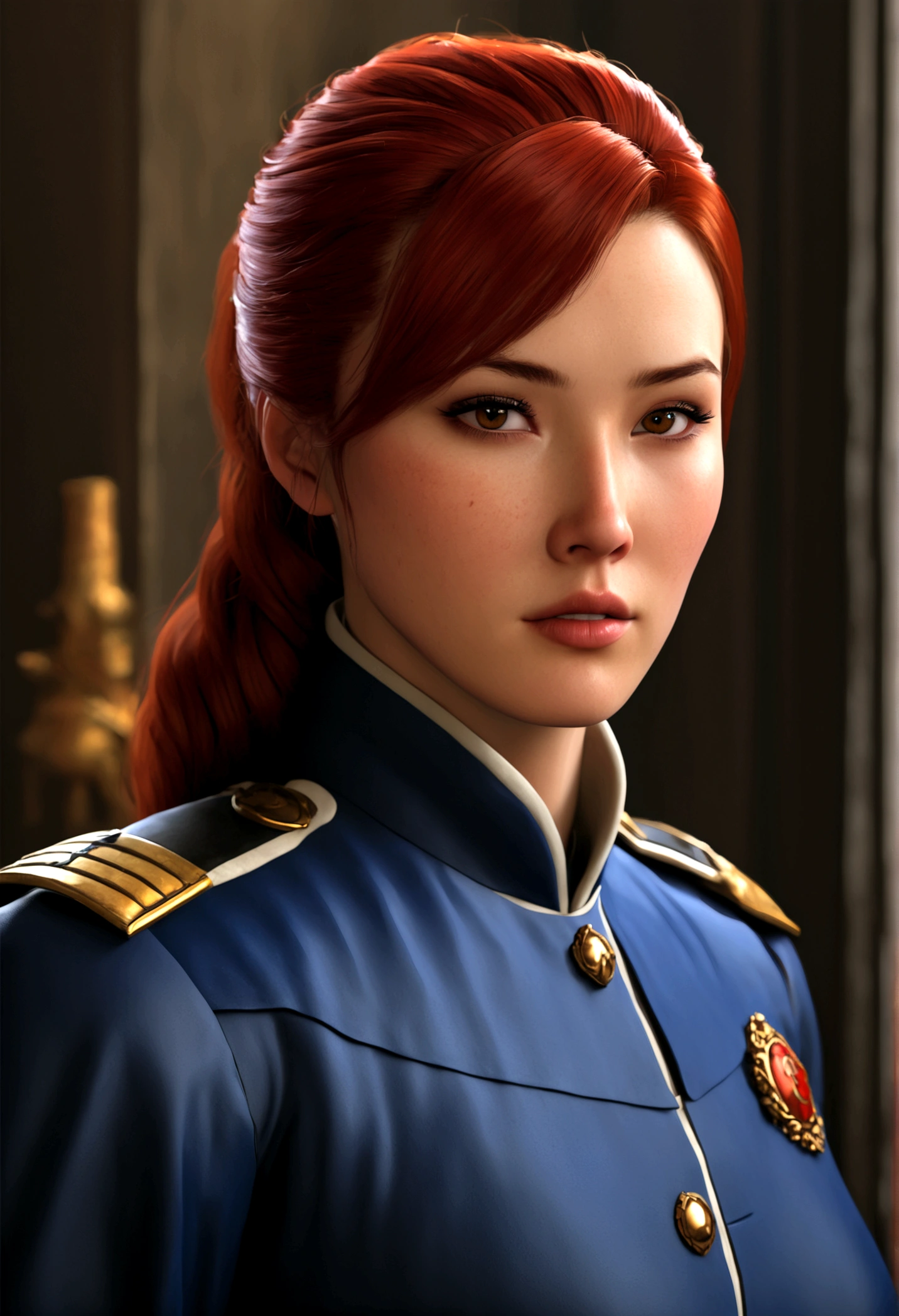(best qualityer,4K,8K,Cao Cao,master part:1.2),ultra detali,(Realistic,photorrealistic,photo-realistic:1.37),Barbara Gordon, Young woman aged 19 l, beautiful red hair, vestindo uniforme policial,piercing brown eyes, Supreme Beauty, Gotham City Setting, strong and confident posture, Determined expression,vivid colors,sharp focus,detailed painting,professional lighting,Estilo Retrato, dramatic lighting,bokeh