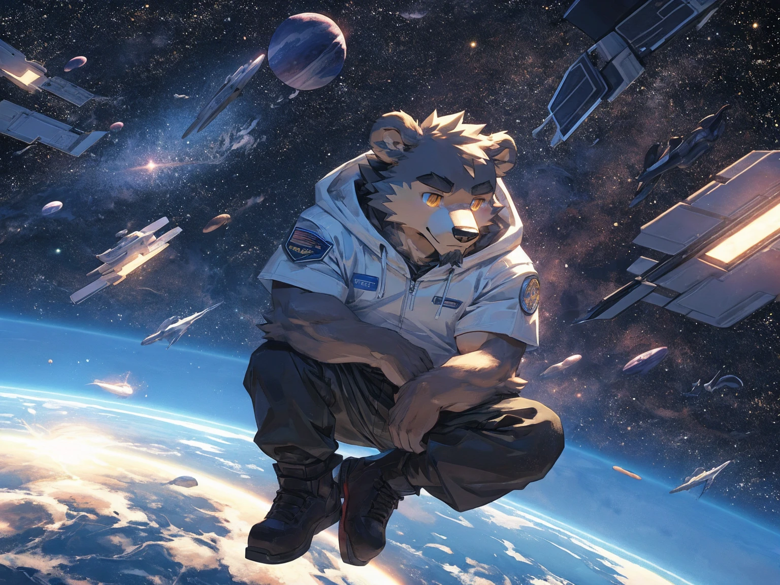 (masterpiece:1.2), best quality,pixiv,official art,perfect anatomy, (Ray tracing, light),solo, (1_male:1.3) , (muscle), (grey fur:1.4), (muscle bear), (beard:1.2), (gleaming golden eyes), bear tail, full body, Thick black eyebrows,(open hooded parka), (naked inside), (cargo pants:1.2), boots , (in the space:1.3) , star , planet , earth , asteroid , (character floating :1.3)