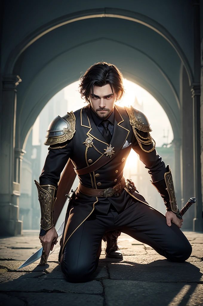 A gentleman with a sword kneeling with 2d graphics