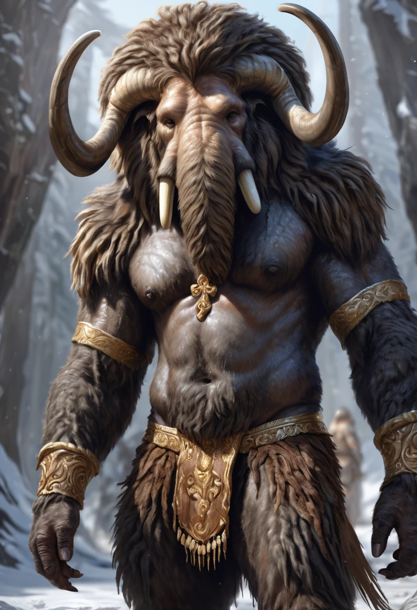 Humanoid creature that looks like a cross between a woolly mammoth and a human. Wearing a loin cloth. Its face should more closely resemble that of a human. Official Art, Award Winning Digital Painting, Digital Illustration, Extremely Detailed, 4K, Ultra HD, Rococo, Polished, Intricate, Realistic Fantasy Art, Sharp Focus, Concept Art, Art by Wlop, Argerm, (2d Vector Illustration)