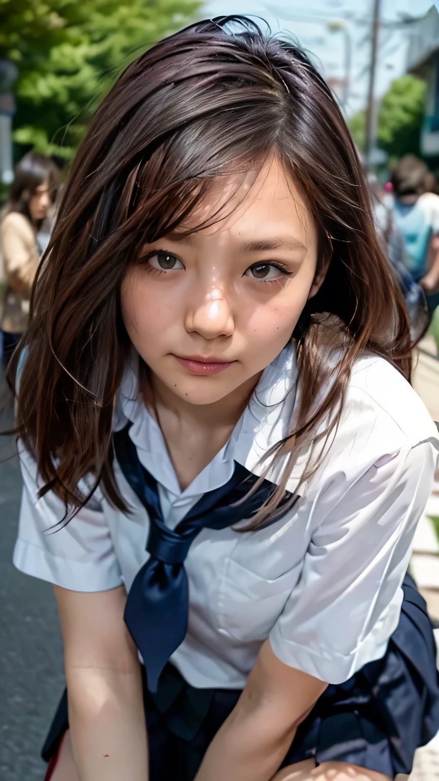 (High school girls walking on Tokyo street:1.2、blue sky)、((school uniform、blazer、Pleated skirt、Navy blue socks、loafers)、the wind is strong、(Realistic、Like a photograph、Live Action、8K, Realistic, RAW Photos, Best image quality: 1.4), Single-lens reflex camera、RAW Photos, Highest quality, Realistic, Highly detailed CG Unity 8K wallpaper, Written boundary depth, Cinematic Light, Lens flare, Ray Tracing, Realistic background、((ultra high density skin))、 Teenage girl on her way to school,Cute Japanese、(whole body:1.5)、Super detailed face，avert your eyes:1.1、(Silver inner color hair、Straight Long Hair:1.2、My hair flutters in the wind:1.4)、I like that style、stylish、Very detailed、Pay attention to the details、Perfect outfit、(Sunburned skin)、View from above、Accurate hands、Accurate legs、Detailed hands and fingers、Anatomically correct body、Thin legs、Thin thighs