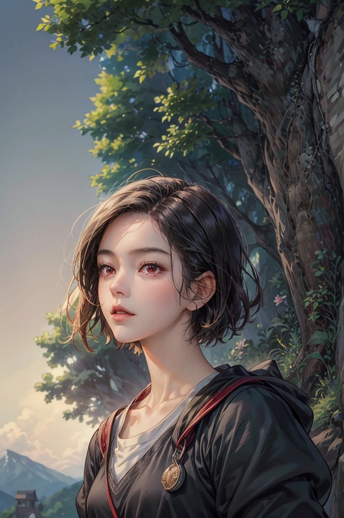 ((best quality)), ((Masterpiece)), (details), ((perfect face)), Beautiful face,short hair,rural village, young girl, road, high school student, girl,black hair red eyes, shrewd, cool, perfect proportions , เวอร์ชั่นgirl , Hiro Mashima Art, details ghibli town background, details ghibli scenery background