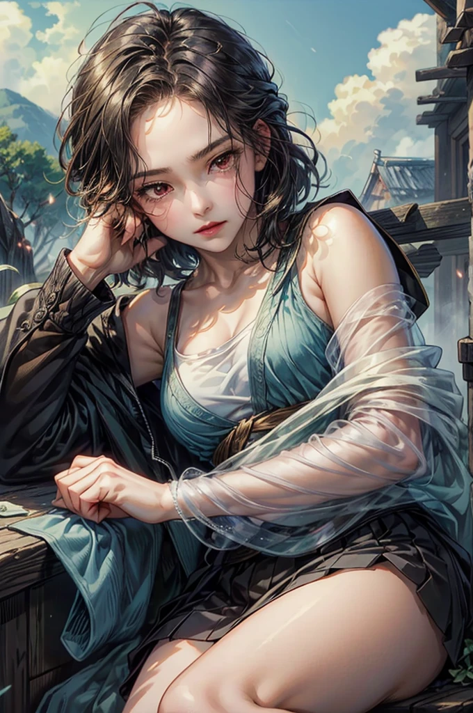 ((best quality)), ((Masterpiece)), (details), ((perfect face)), Beautiful face,short hair,rural village, young girl, road, high school student, girl,black hair red eyes, shrewd, cool, perfect proportions , เวอร์ชั่นgirl , Hiro Mashima Art, details ghibli town background, details ghibli scenery background
