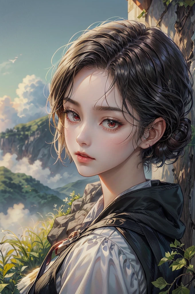 ((best quality)), ((Masterpiece)), (details), ((perfect face)), Beautiful face,short hair,rural village, young girl, road, high school student, girl,black hair red eyes, shrewd, cool, perfect proportions , เวอร์ชั่นgirl , Hiro Mashima Art, details ghibli town background, details ghibli scenery background