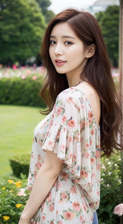 Woman wearing a black blouse with a floral pattern、Upper Body
