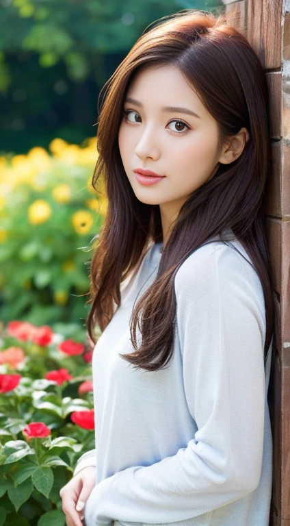 (28-year-old sweetheart), flower garden in the background、Casual plain clothing: 1.3), (Maximum resolution: 1.4), (Super high vision: 1.2), light, Super high vision,Make one&#39;Rosy cheeks:1.2、 (Delicate eyes and skin), (Detailed facial features), Not suitable for working hours, 8k resolution, Perfect style, Beautiful expression、Highly detailed face and skin textures、Delicate eyes、Double eyelids、Glitter Eyeliner:1.2、Glowing skin、（pure White skin:1.8)、（White skin:1.8)、Red Rouge、Dark lipstick:1.2、Small sparkly necklace and earrings、（Glossy lips:1.2)、Glossy lips:1.2、((full-body shot:1.2))、(Straight Hair、Light brown hair)、Long hair、(Very affectionate smile:1.3)、175 cm、Asahi