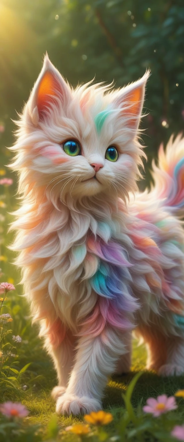 Dreamlike, Whimsical, Fantasy
 A colorful unicorn kitten frolicking in a magical meadow.
Iridescent, with hints of every rainbow color shimmering faintly.
Fluffy and rainbow-colored, flowing dynamically as the kitten prances.
Shimmering with a magical glow, similar to a soap bubble.
Large, bright, and expressive, filled with a mischievous twinkle.
Lush carpet of emerald green grass.
Wild and magical, overflowing with vibrant flowers in every color imaginable. Think a kaleidoscope of blooms!
Sparkling streams babbling gently, creating a soft, melodic sound.
Warm golden sunlight bathes the scene, casting long shadows and illuminating the details.
The sunlight interacts with the kitten's fur, creating an iridescent glow.
The meadow itself has a magical sheen, almost like it's lit from within.
Whimsical and enchanting, filled with a sense of wonder and delight.
The sweet scent of wildflowers fills the air.
 