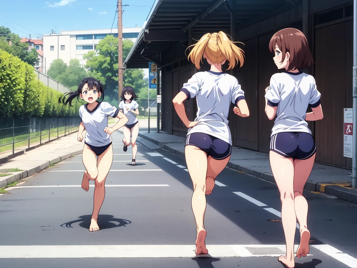 Several girls、Let me dash,Girls running at full speed,,gym shirts,Highest quality,back view,1990s anime style,White shirt and blue bloomers,Angry expression,barefoot,A group of several girls,体操服と青いブルマを着たbarefootの女子たちが、Standing in a row、I run desperately through the schoolyard.,The girls are barefoot,The girls were sweating、Running with a tired look,