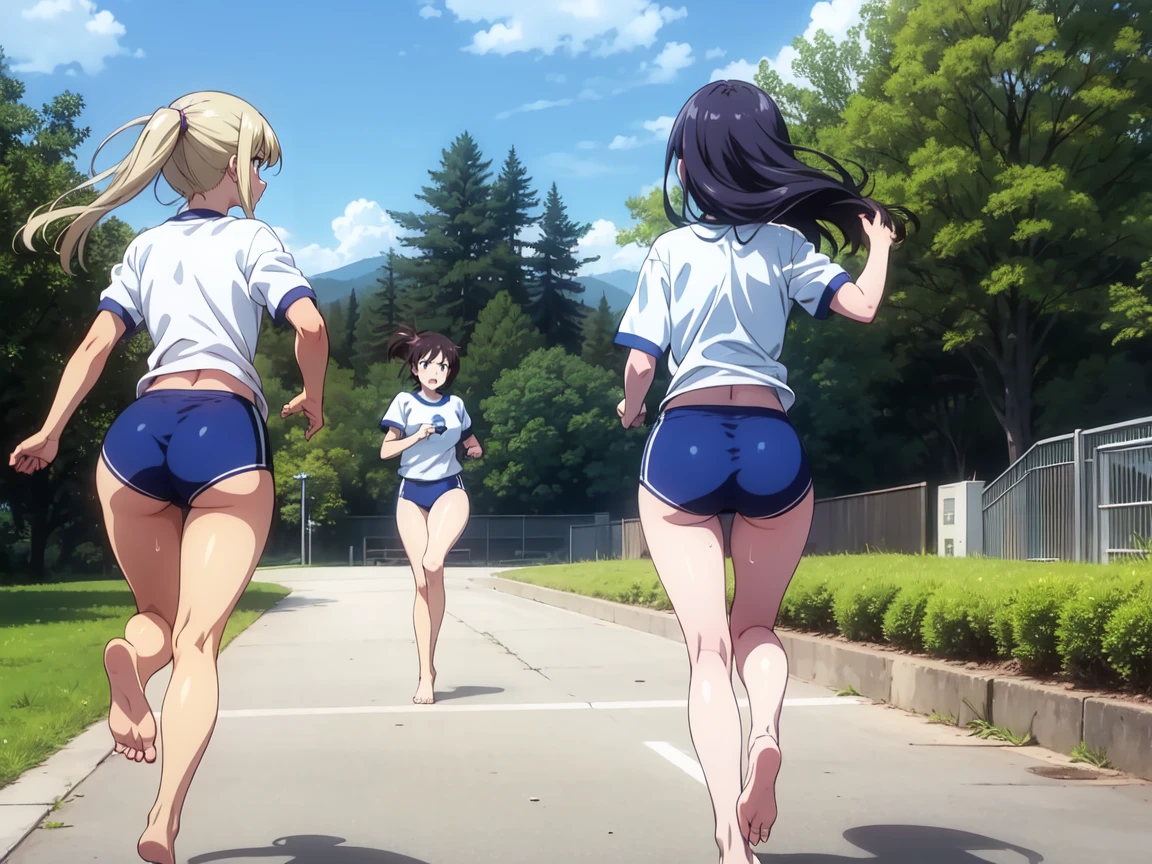 Several girls、Let me dash,Girls running at full speed,,gym shirts,Highest quality,back view,1990s anime style,White shirt and blue bloomers,Angry expression,barefoot,A group of several girls,体操服と青いブルマを着たbarefootの女子たちが、Standing in a row、I run desperately through the schoolyard.,The girls are barefoot,The girls were sweating、Running with a tired look,