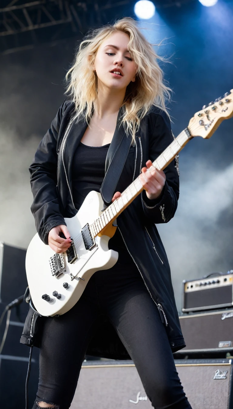 A beauty young woman with disheveled blonde hair and black jacket playing a white electric guitar for the audience on the stage