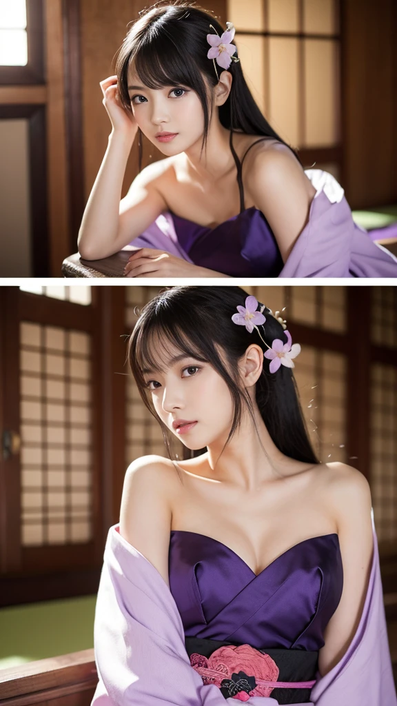 Anime girl in a purple and black dress with a purple sakura flower in her hair, artwork in the style of Gweitz, Gweitz, japanese Girl, Trending on cgstation, Cute anime in a nice dress, Gweitz on pixiv artstation, palace , Girl in Hanfu, Beautiful digital art, Gweitz on artstation pixiv