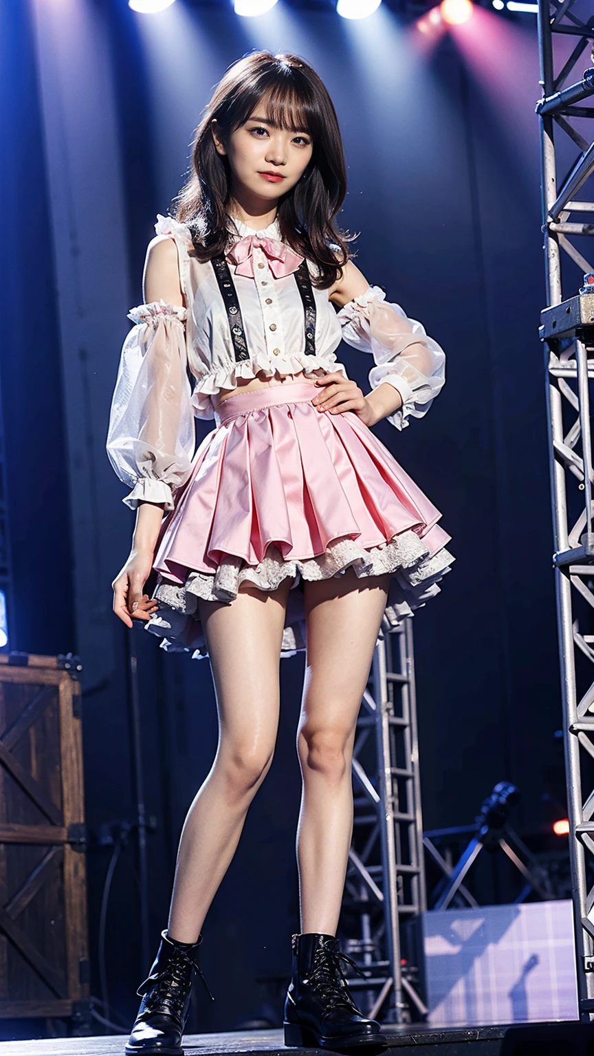 (8K、RAW Photos、Highest quality、masterpiece:1.2)、(Realistic、Realistic)、1 Girl、((Frills、See-through、Pink Mini Skirt、Thin legs、whole body、boots、stage、Spotlight、View from the front、Looking into the camera、Stand with hands on hips))、cute