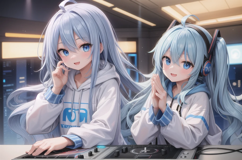 One girl, alone, 20-year-old, Light blue eyes, Blue Hair, Long, beautiful wavy hair, Ahoge, nice smile, White hoodie, Spectacular views, headphone, Detailed DJ equipment, djing, masterpiece, Fine Fingers, 最high quality:1.4, high quality, detailed