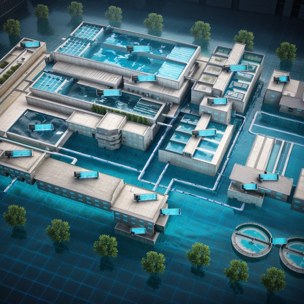Image of a building with a swimming pool and lots of water, Isometric 3d rendering, Bioremediation Plant, extreamly detailed data center, Detailed Factory, High-tech environment, industrial plant environment, Detailed Data Center, Isometric drawing, 2D Axonometric Top View, Futuristic production facility, Pre-rendered isometric graphics,Internet of Things,