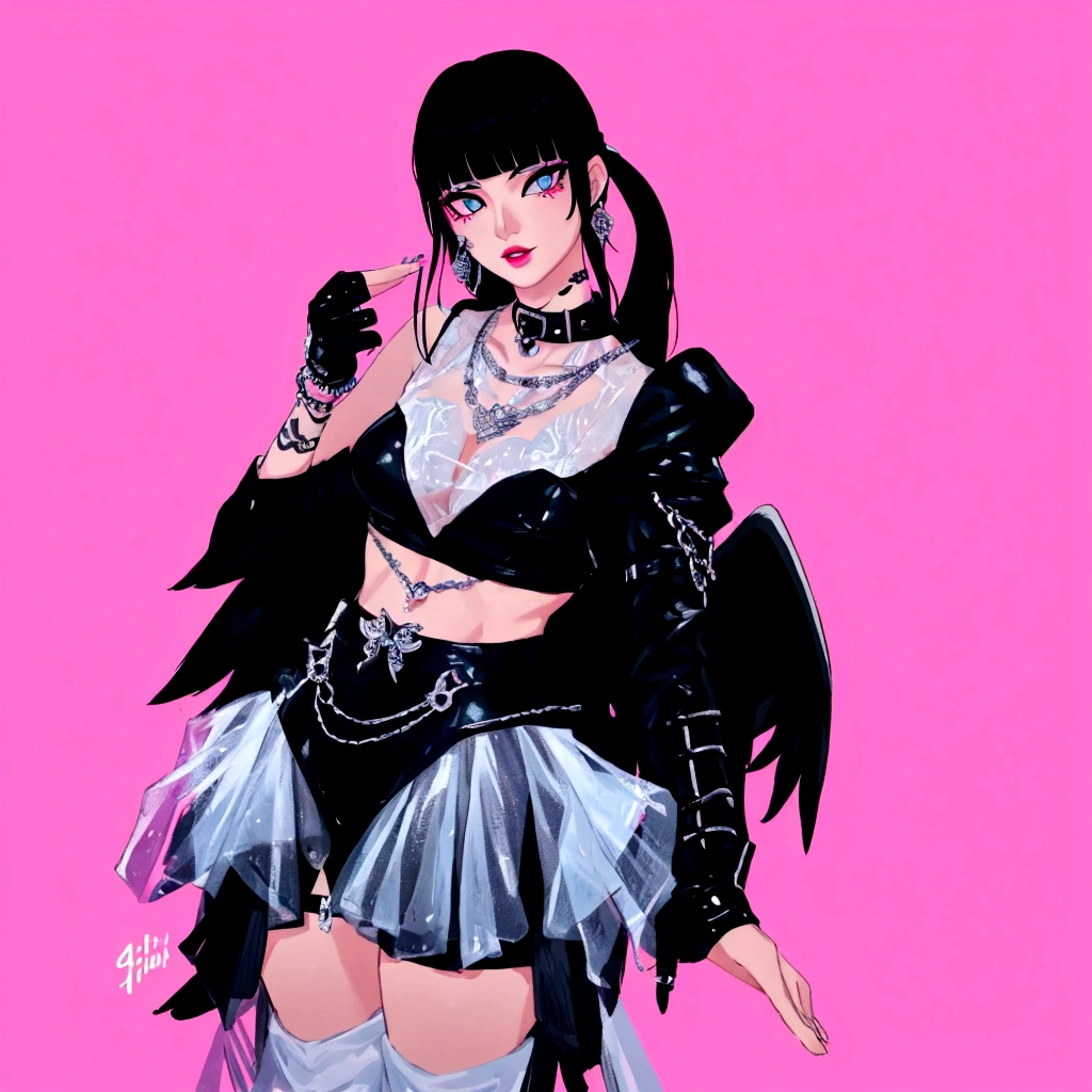 arafed image of a woman in a black outfit  imvu, as a mystical valkyrie, villainess has black angel wings, second life avatar, inspired by Sim Sa-jeong, upper body avatar, goth girl aesthetic, she has black hair with bangs, portrait of jossi of blackpink, HD, Detailed, clear color, high quality