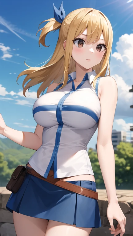 masterpiece, best quality, highres, lucy heartfilia, 1girl, solo, blonde hair, brown eyes, long hair, hair ribbon, large breasts, white shirt, sleeveless, belt, blue skirt, cowboy shot, standing, outdoors