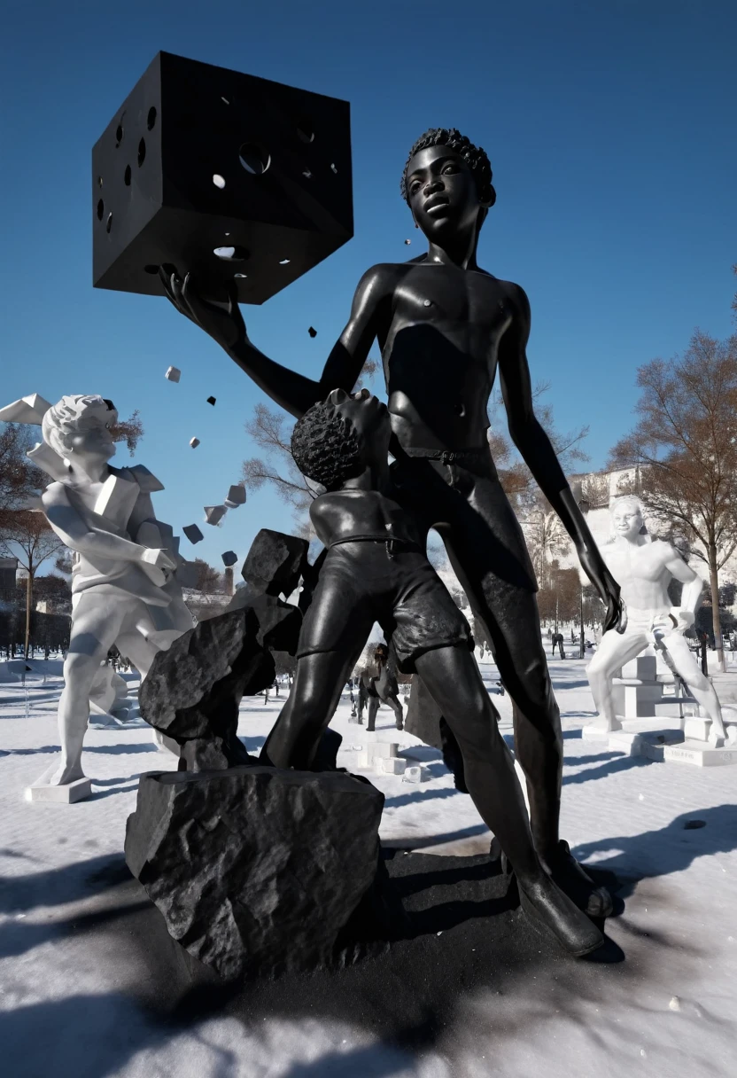 Full body shot of sculptures of people surrounding
a sculpture of a black boy and throwing stones at the black boy sculpture, the art piece is enclosed ina hexagonal cube with multiple holes. light piercing through the holes providing a contrast of the shadows. 32k ultra HD, unreal engine rendered, hyper-realistic image,