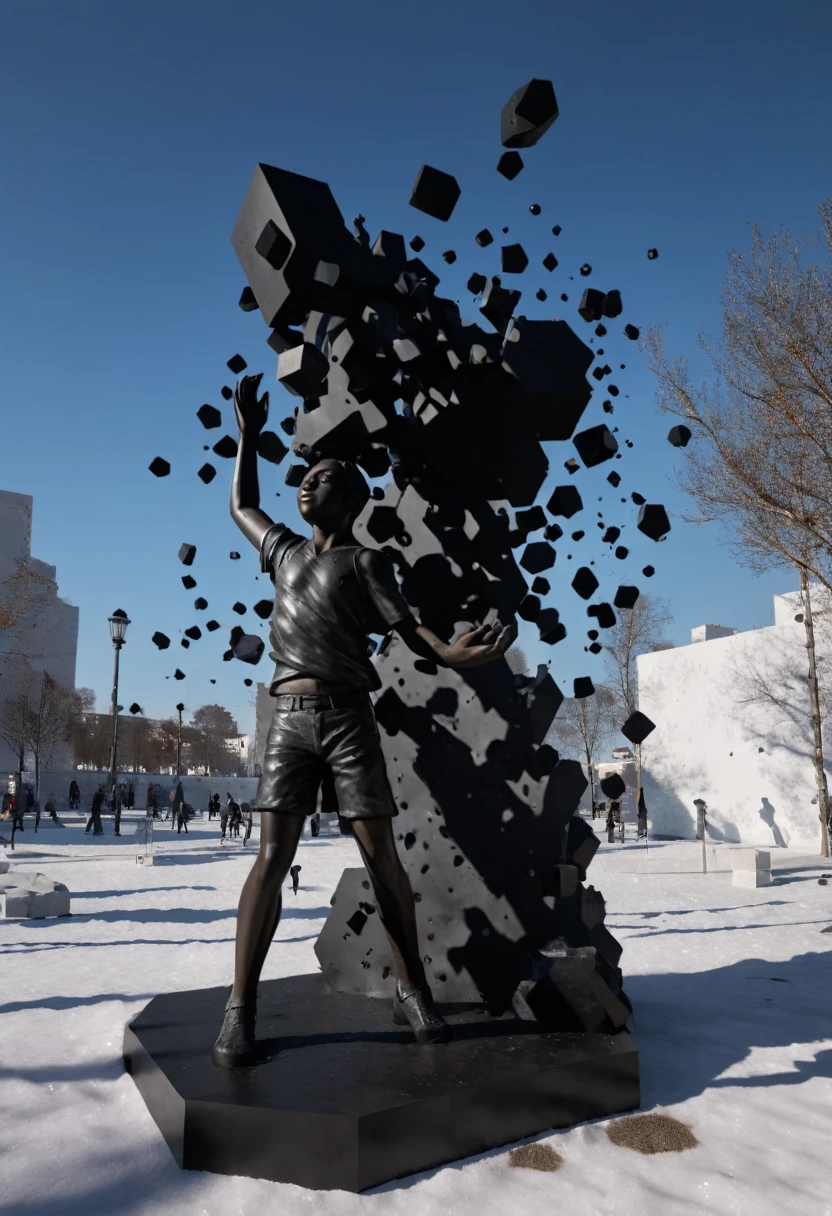 Full body shot of sculptures of people surrounding
a sculpture of a black boy and throwing stones at the black boy sculpture, the art piece is enclosed ina hexagonal cube with multiple holes. light piercing through the holes providing a contrast of the shadows. 32k ultra HD, unreal engine rendered, hyper-realistic image,