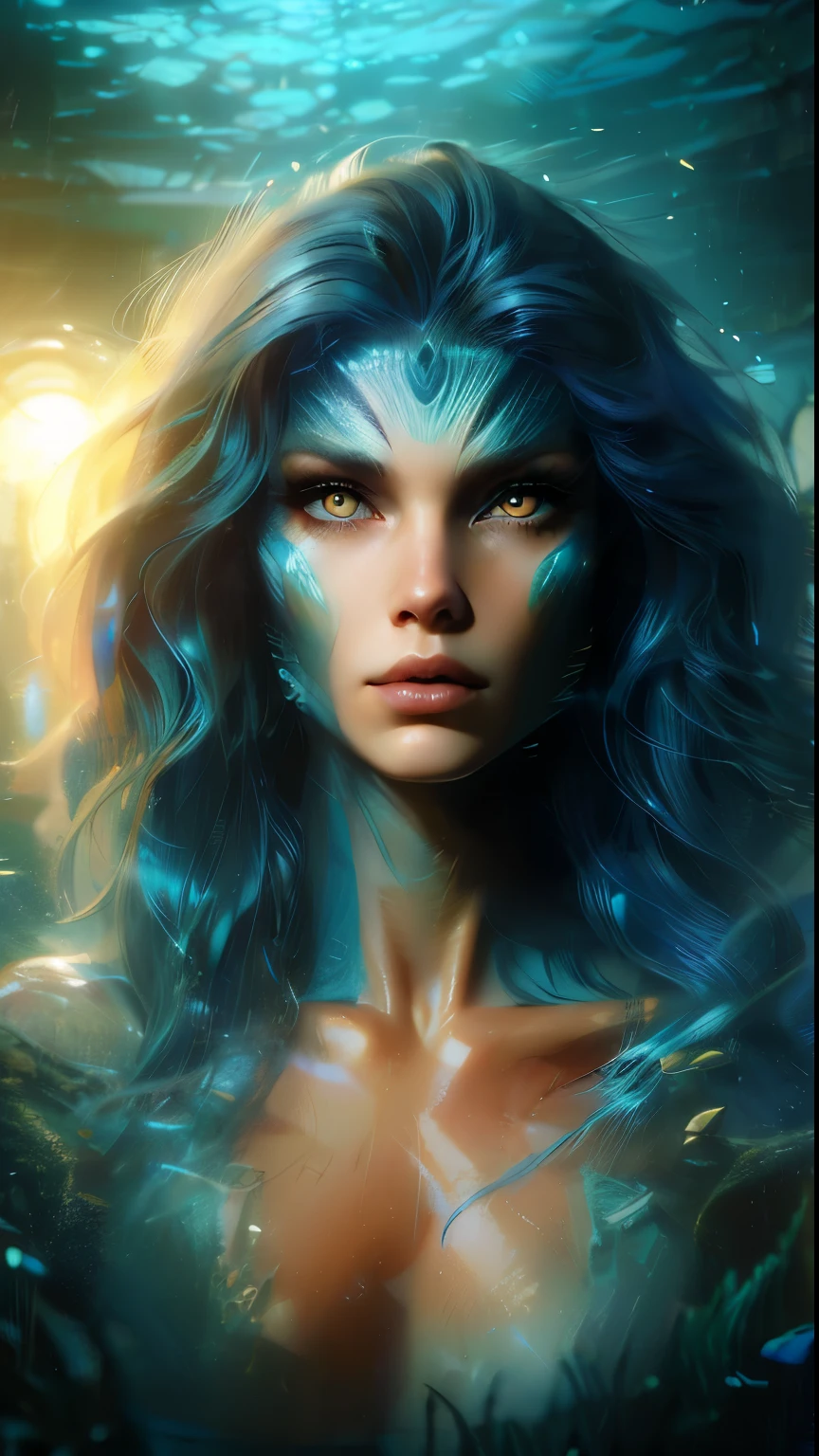a ultra beautiful human woman blended with 25 percent of an anthropomorphic fem incredible creature from the Mariana Trench, ultramarine hair and gold eyes, ultra realistic, photography hyper realistic and hyper detailed, hyper emotional, epic underwater lighting, 32k UHD resolution, style expressive, epic background, nature, full shot, symmetrical, Greg Rutkowski, Charlie Bowater, Beeple, Unreal 5, hyperrealistic, dynamic lighting, fantasy art