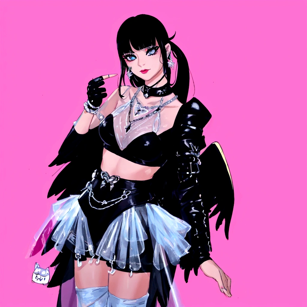 arafed image of a woman in a black outfit imvu, as a mystical valkyrie, villainess has black angel wings, second life avatar, inspired by Sim Sa-jeong, upper body avatar, goth girl aesthetic, she has black hair with bangs, portrait of jossi of blackpink, HD, Detailed, clear color, high quality