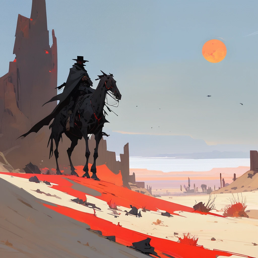 1man,Old West, Desert, scorching sun, silhouette, gloomy, black clothes, gunslinger, horizon, from far, Oil paint, black and white, horse, cape, red sun, Skull, living dead, skeleton, (only red and black color palette), Giant glass shards in sand, spiky glass structures