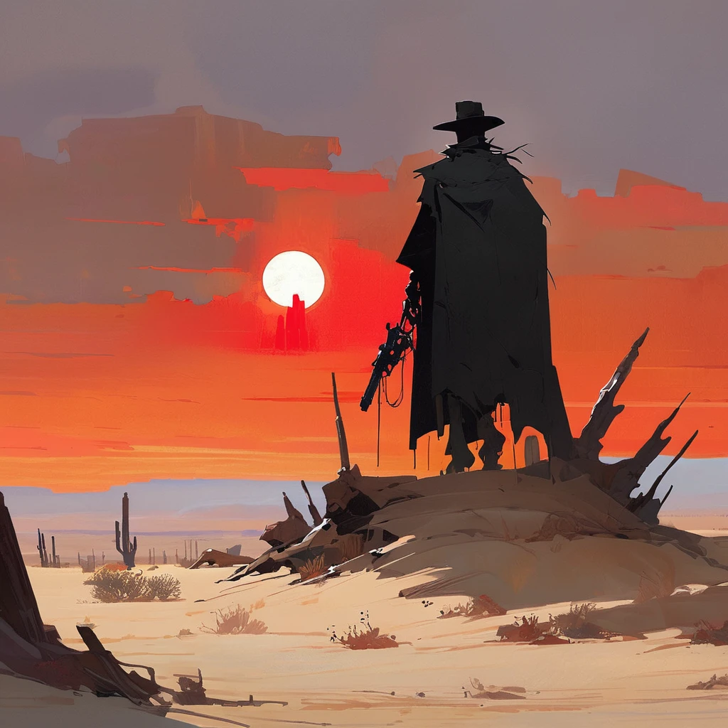 1man,Old West, Desert, scorching sun, silhouette, gloomy, black clothes, gunslinger, horizon, from far, Oil paint, black and white, horse, cape, red sun, Skull, living dead, skeleton, (only red and black color palette), Giant glass shards in sand, spiky glass structures
