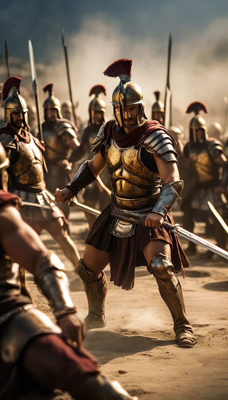 Portray a Spartan warrior in a defensive stance, with other warriors forming a Phalanx behind him, battle atmosphere background, hyper realistic, ultra detailed hyper realistic, photorealistic, Studio Lighting, wearing a gold crown, reflections, dynamic pose, Cinematic, Color Grading, Photography, Shot on 50mm lens, Ultra-Wide Angle, Depth of Field, hyper-detailed, beautifully color, 8k