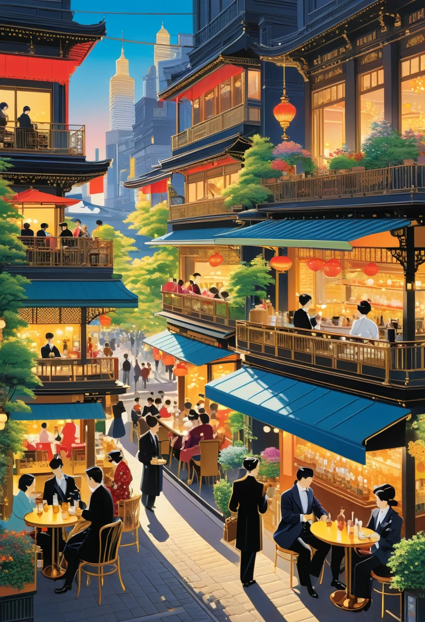 A fashionable outdoor café scene in the style of Seizo Watase, with vivid colors and intricate details. The setting includes patrons enjoying their drinks, a barista serving coffee, and a background of bustling city life, all bathed in the gentle glow of the evening sun.
