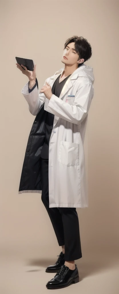 (Fair skin),((white lab coat)), (black hoodie underneath),Iris,(gender: Natural Face),(Japanese),(leather shoes),long body,handsome young asian man, Japanese idol style, short clean-cut hair, (center part), calm confident expression, hands in lab coat pockets, plain white background, portrait, high quality, detailed, 8K
