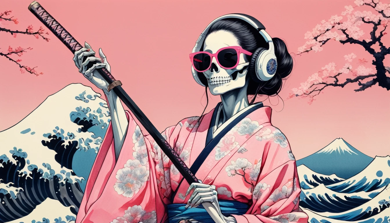 A female skeleton with long hair wearing a neon kimono, Light pink lens sunglasses, Katsushika Hokusai, Ink Painting, Japanese style headphones, Holding a Japanese sword in one's mouth, Modern ukiyo-e style, Red Eyes
