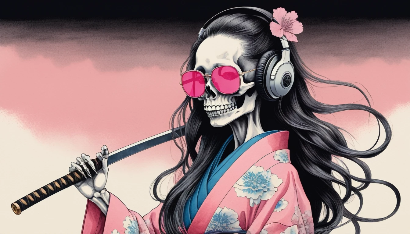 Female skeleton wearing a neon kimono, Light pink sunglasses, Katsushika Hokusai, Ink Painting, Japanese style headphones, Holding a Japanese sword in one's mouth, Modern ukiyo-e style, Red Eyes