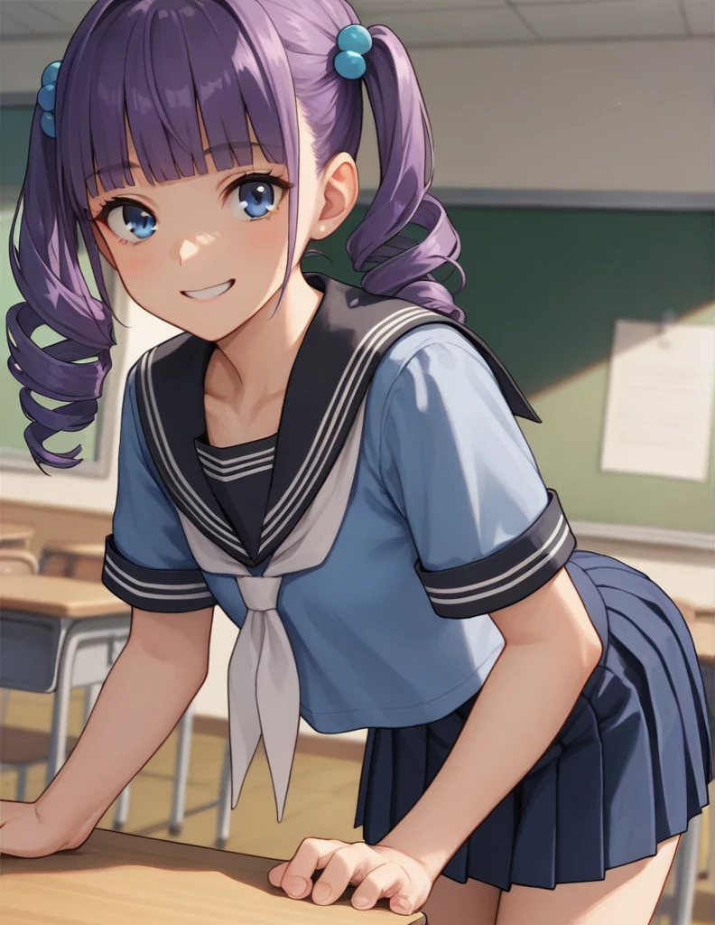 score_9, score_8_up, score_7_up, source_anime,
bangs, blunt bangs, hair ornament, blue eyes, sharp eyes, purple hair, curly twintails,
school uniform, serafuku, sailor collar, black sailor collar, white neckerchief, blue shirt, short sleeves, blue skirt,
indoors, classroom, bent over, smile,
looking at viewer, solo, cowboy shot, dutch angle,