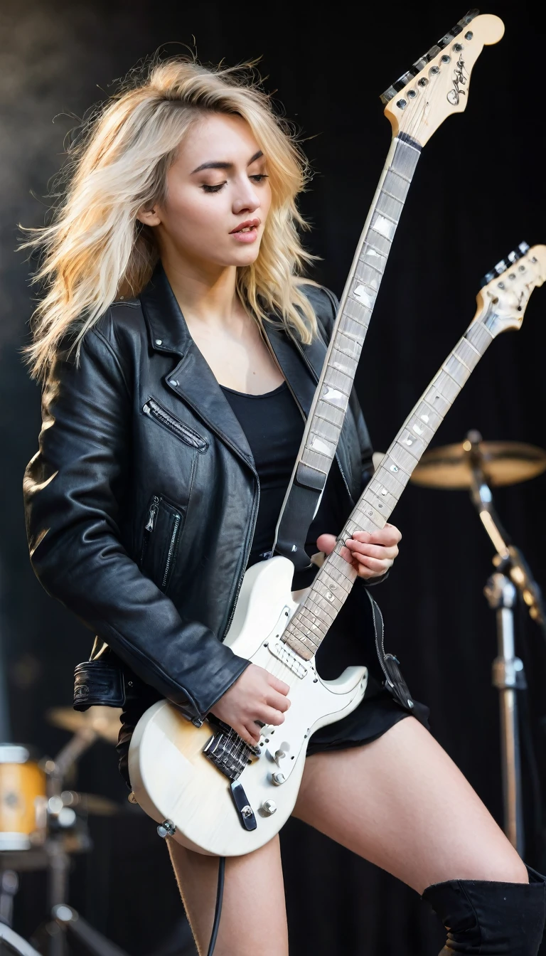 A beauty young woman with disheveled blonde hair and black jacket playing a white electric guitar for the audience on the stage