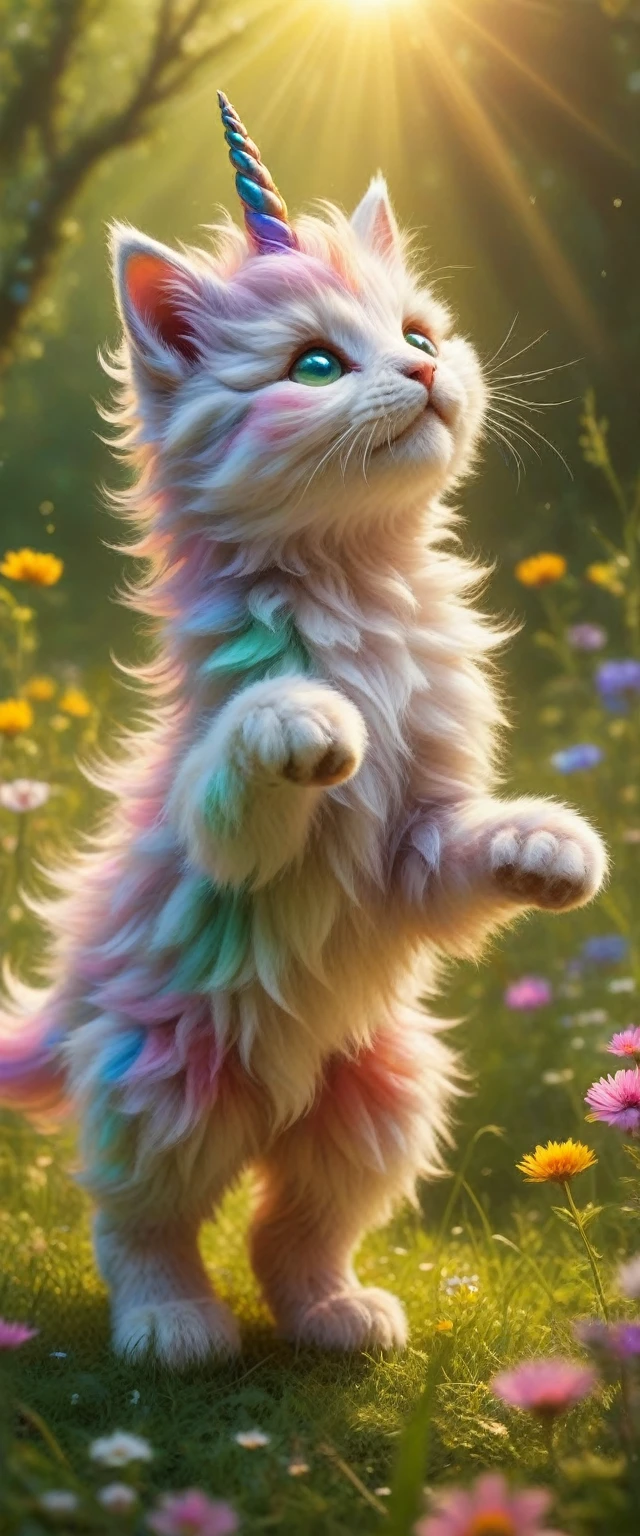 Dreamlike, Whimsical, Fantasy
 A colorful unicorn kitten frolicking in a magical meadow.
Iridescent, with hints of every rainbow color shimmering faintly.
Fluffy and rainbow-colored, flowing dynamically as the kitten prances.
Shimmering with a magical glow, similar to a soap bubble.
Large, bright, and expressive, filled with a mischievous twinkle.
Lush carpet of emerald green grass.
Wild and magical, overflowing with vibrant flowers in every color imaginable. Think a kaleidoscope of blooms!
Sparkling streams babbling gently, creating a soft, melodic sound.
Warm golden sunlight bathes the scene, casting long shadows and illuminating the details.
The sunlight interacts with the kitten's fur, creating an iridescent glow.
The meadow itself has a magical sheen, almost like it's lit from within.
Whimsical and enchanting, filled with a sense of wonder and delight.
The sweet scent of wildflowers fills the air.
 