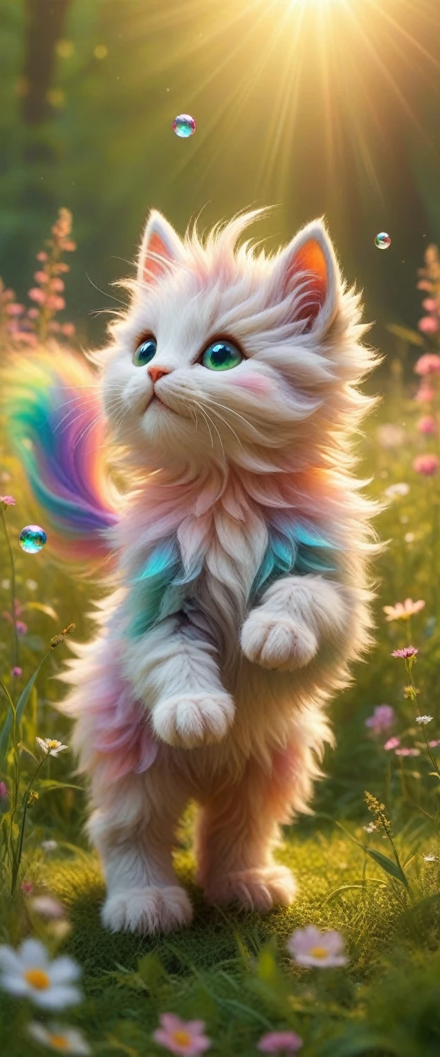 Dreamlike, Whimsical, Fantasy
 A colorful unicorn kitten frolicking in a magical meadow.
Iridescent, with hints of every rainbow color shimmering faintly.
Fluffy and rainbow-colored, flowing dynamically as the kitten prances.
Shimmering with a magical glow, similar to a soap bubble.
Large, bright, and expressive, filled with a mischievous twinkle.
Lush carpet of emerald green grass.
Wild and magical, overflowing with vibrant flowers in every color imaginable. Think a kaleidoscope of blooms!
Sparkling streams babbling gently, creating a soft, melodic sound.
Warm golden sunlight bathes the scene, casting long shadows and illuminating the details.
The sunlight interacts with the kitten's fur, creating an iridescent glow.
The meadow itself has a magical sheen, almost like it's lit from within.
Whimsical and enchanting, filled with a sense of wonder and delight.
The sweet scent of wildflowers fills the air.
 