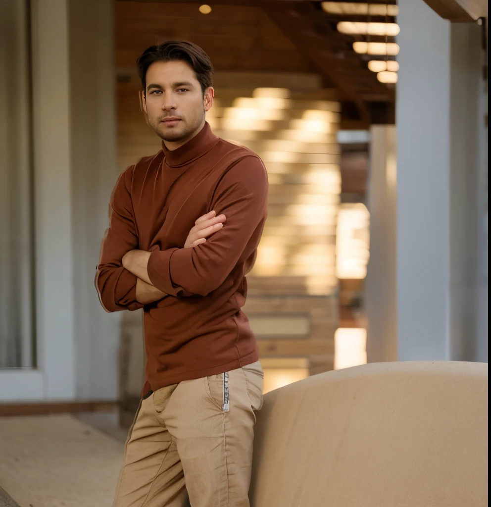 31-year-old man named Andrew. He has dark brown hair styled in a more natural and relaxed fashion, hazel eyes, and tan skin, RAW photo, subject, 8k uhd, dslr, soft lighting, high quality, film grain, Fujifilm XT3, use this image