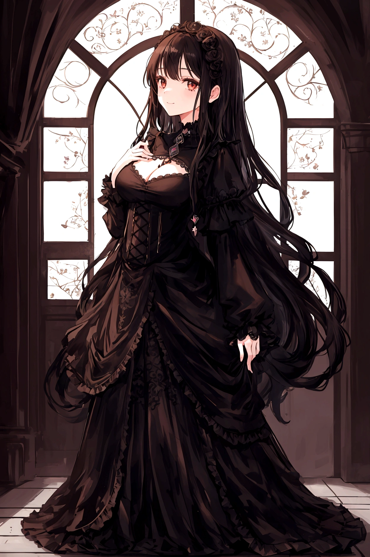 1 girl, delicate, sweet smile, whole body, black hair, long curly hair, Brown eyes, gothic, lace, university, ropa gothic, Emo, University, modernity