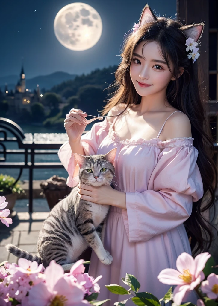 Diffuse lighting、 Highest quality, High resolution, unity 8k wallpaper、Supersaturation, Colorful, fairy tale, dream-like, Movie-like characters, oil, 3d, 8K resolution, Sequins, Sparkling, moonlight, Close-up portrait adorable,Too cute cat, Fine grain, Large, round, reflective eyes,Dreamland、pastel colour、pleasant to the touch、Stand up and face forward、smile、full moon、Mysterious Flower、Beautiful cat、cute cat、猫のInside the castle、Inside the castle、Standing、turn around、whole body、