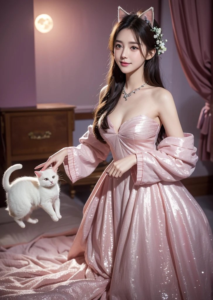 Diffuse lighting、 Highest quality, High resolution, unity 8k wallpaper、Supersaturation, Colorful, fairy tale, dream-like, Movie-like characters, oil, 3d, 8K resolution, Sequins, Sparkling, moonlight, Close-up portrait adorable,Too cute cat, Fine grain, Large, round, reflective eyes,Dreamland、pastel colour、pleasant to the touch、Stand up and face forward、smile、full moon、Mysterious Flower、Beautiful cat、cute cat、猫のInside the castle、Inside the castle、Standing、turn around、whole body、